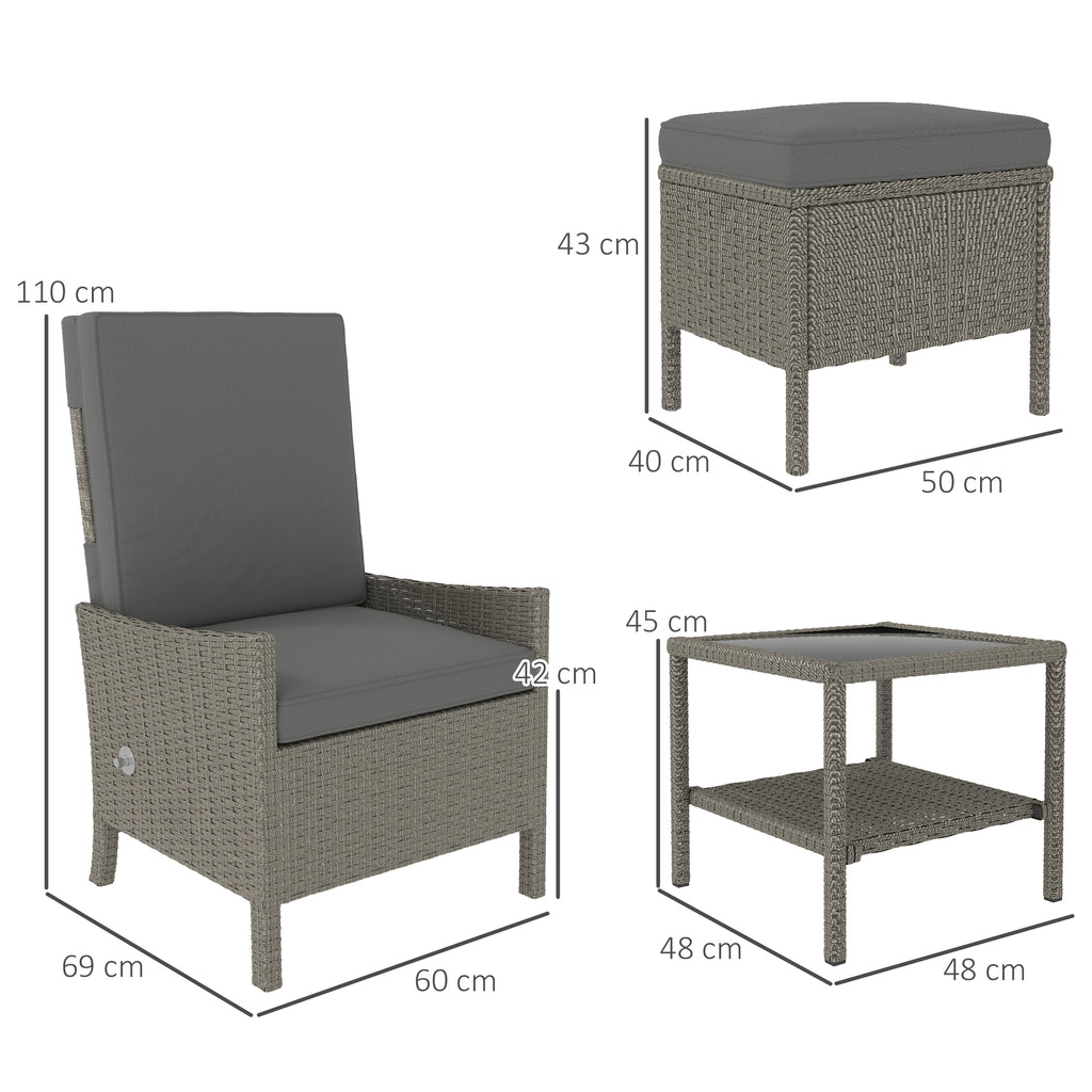 5 Piece Rattan Garden Furniture Set, Wicker Patio Sofa Set With 2 Armchairs, 2 Footstools, Glass Top Coffee Table With Shelf, Outdoor Furniture With Adjustable Backrests, Cushions, Dark Grey