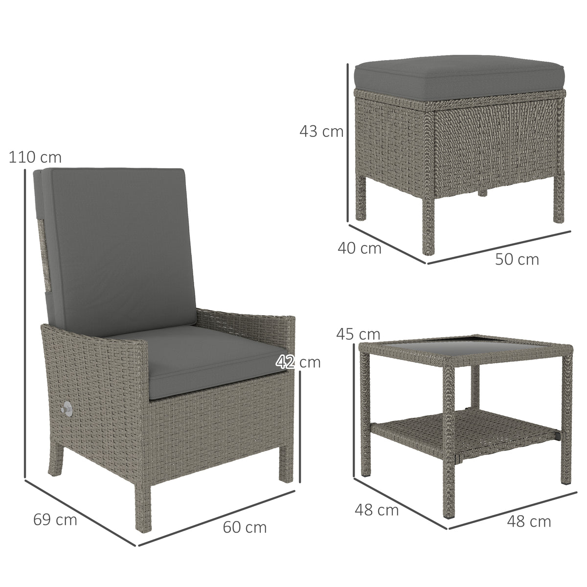 5 Piece Rattan Garden Furniture Set, Wicker Patio Sofa Set With 2 Armchairs, 2 Footstools, Glass Top Coffee Table With Shelf, Outdoor Furniture With Adjustable Backrests, Cushions, Dark Grey