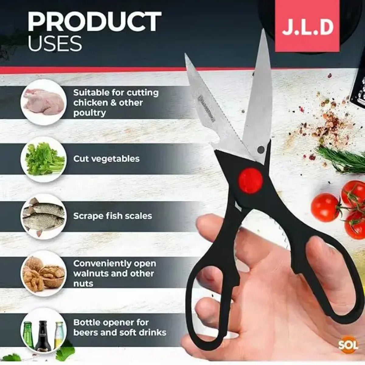 Food Scissors, Sharp Scissors With Walnut Tongs, Bottle Opener, Can Opener, Vegetable Cutting Scissors, Chopping Scissors, USPS Shipping, Supports Self Pickup