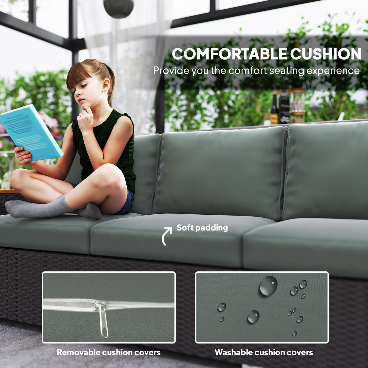 3-Seat Outdoor Patio Sofa With Cushions, PE Rattan Wicker Sofa With Wide Armrests, Outdoor Wicker Couch, Dark Gray