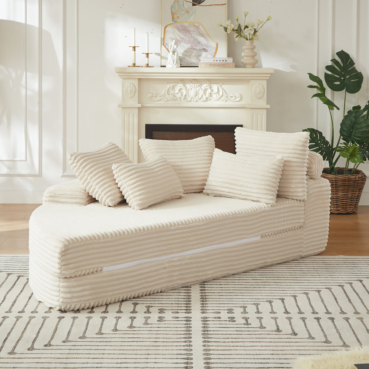 78.5-Inch Corduroy Semi-Circular 2-in-1 Sofa Bed, Designer Recliner With Neck Pillow And Five Throw Pillows In Living Room