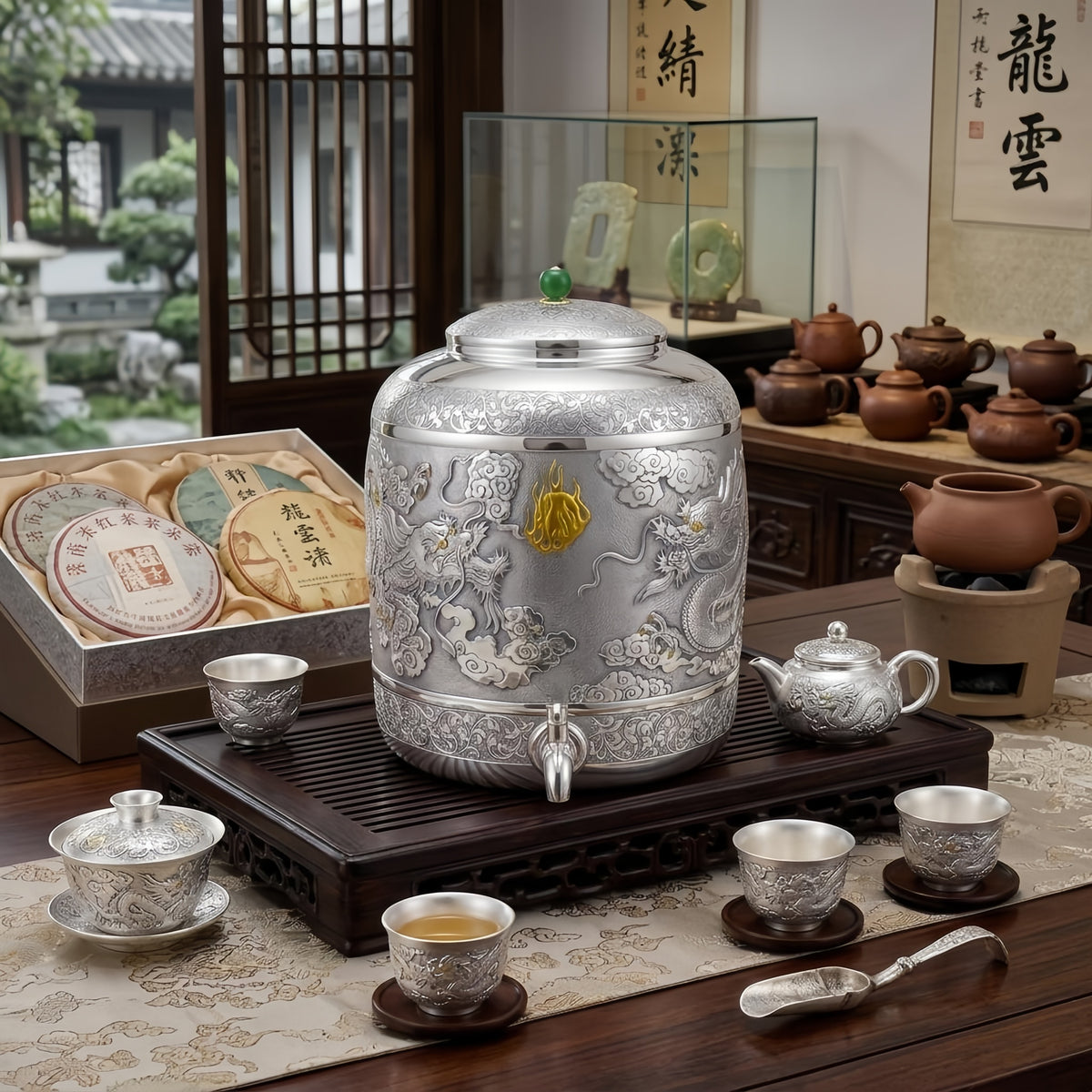 Pure 999 Fine Silver Ornate Silver Dragon Embossed Water Dispenser with Jade Accented Lid - Handicraft