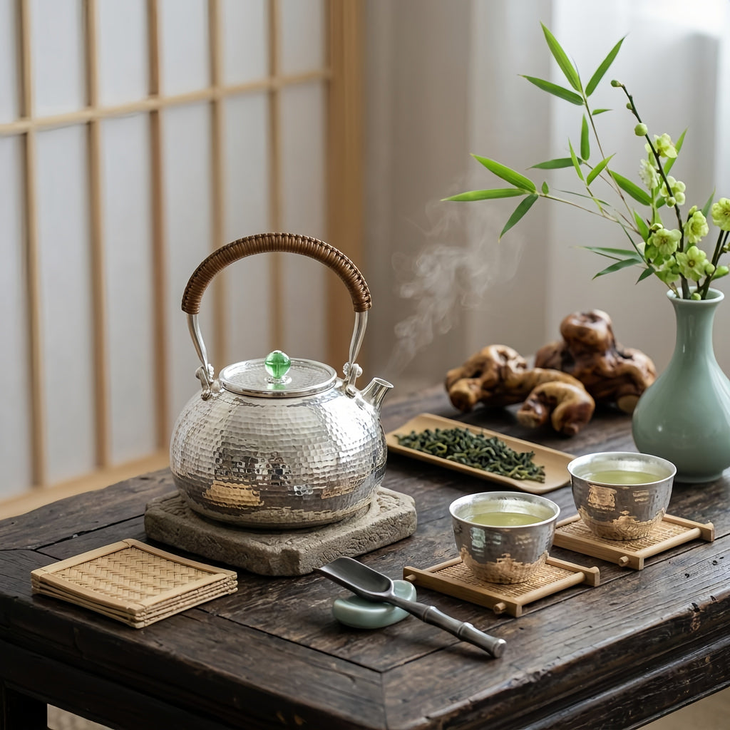 925 Sterling Silver Hand-Hammered Silver Teapot Featuring Woven Rattan Handle and Translucent Green Finial - Handicraft