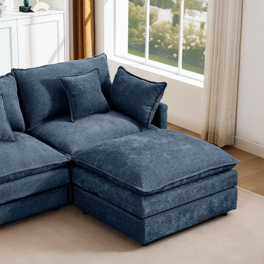 Modular Sectional Sofa, 102 Inch L Shaped Couch Set For Living Room, 3-Seater Comfy Cloud Couches With Movable Ottoman, DIY Combination, Chenille, Blue