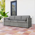Patio Couch PE Wicker Deep Seating Outdoor Sofa With Removable Cushions, 3 Seater Rattan Sofa, Outdoor Furniture For Balcony, Deck, Garden And Poolside, Gray