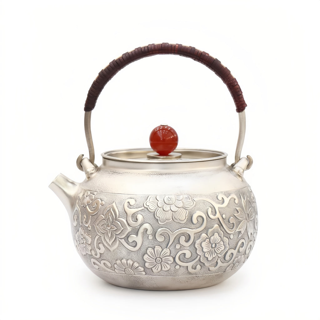 Pure 999 Fine Silver Elegant Silver Floral Teapot with Woven Handle and Red Gemstone Lid Finial - Handicraft