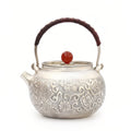 Pure 999 Fine Silver Elegant Silver Floral Teapot with Woven Handle and Red Gemstone Lid Finial - Handicraft