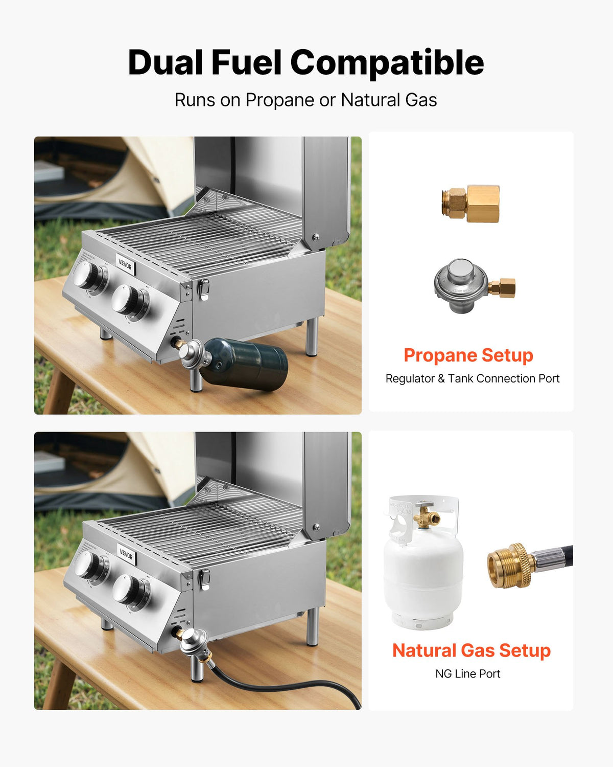 Tabletop Gas Grill, 2-Burner Stainless Steel Portable Propane Grill, With Built-in Thermometer, Travel Locks, Weatherproof Lid, 15,000 BTU Total, For Outdoor Cooking, Patio, Party, Camping, RV