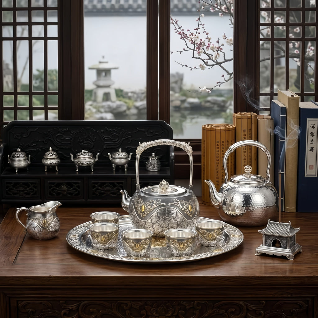 925 Sterling Silver Handcrafted Ornate Silver Teapot with Intricate Engravings and a High Decorative Arched Handle - Handicraft