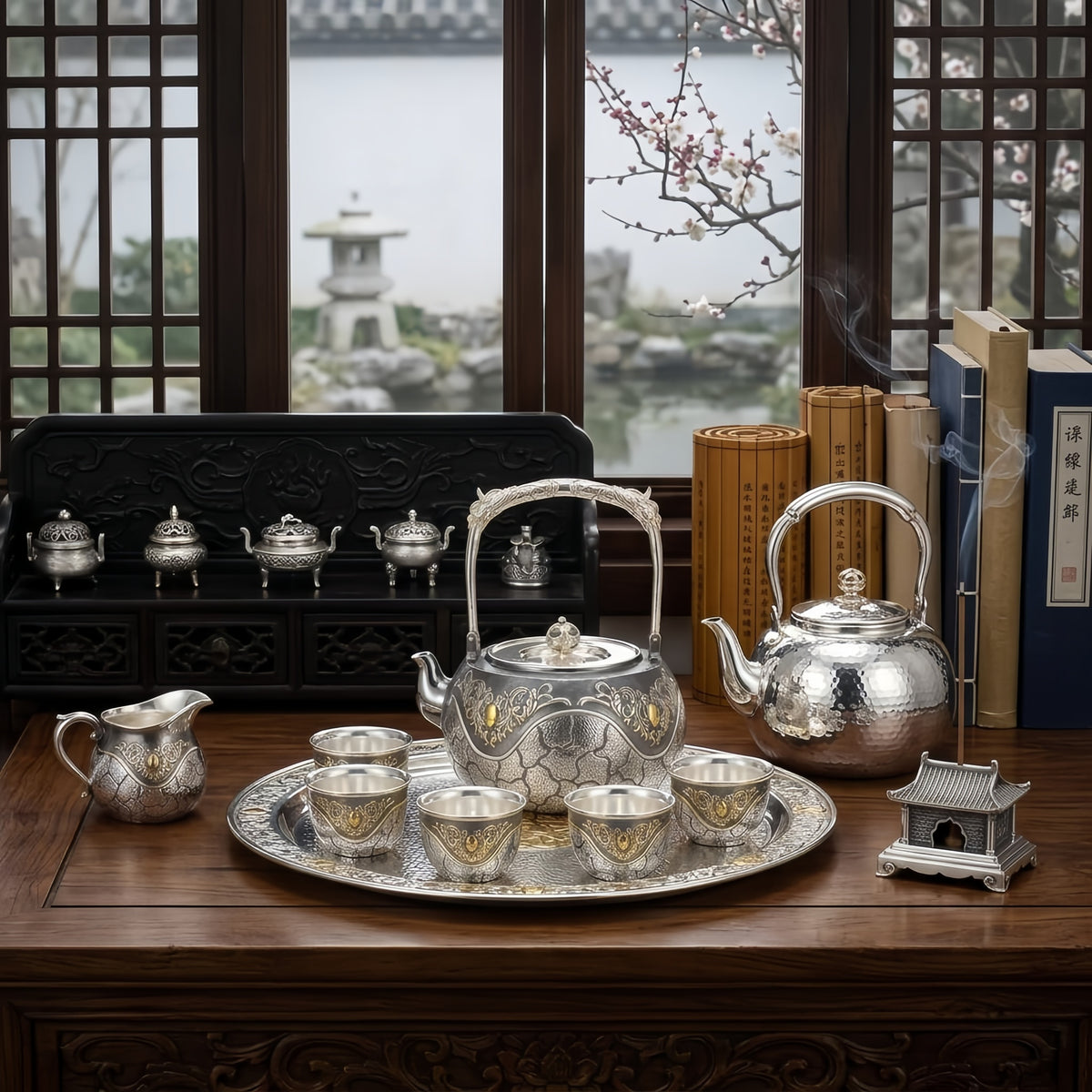 925 Sterling Silver Handcrafted Ornate Silver Teapot with Intricate Engravings and a High Decorative Arched Handle - Handicraft
