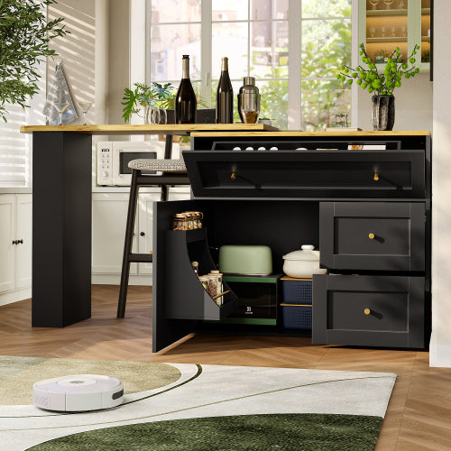 Extendable Bar Table With Storage Space  138-204x39x105cm  Kitchen Cabinet Sideboard With Snack Shelf, Telescopic Bar Table, High Table, Bistro Table  High Table,Kitchen Island, Black