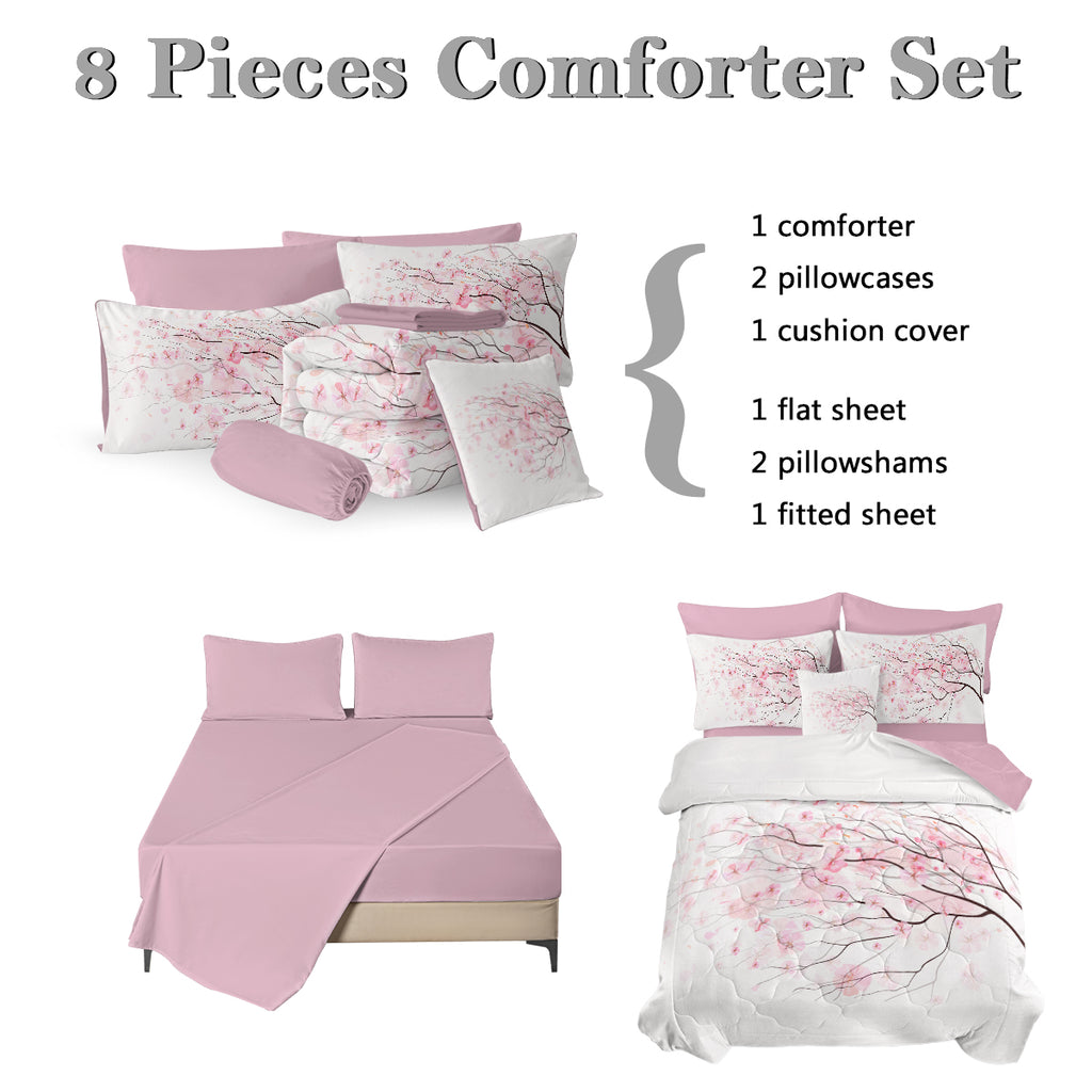 Cherry Blossom Pattern Comforter Set 8PCS Twin Size Soft Bedding Set,1 Comforter,1 Pilow Cover,1 Flat Sheet,1 Fitted Sheet,4 Cushion Cover