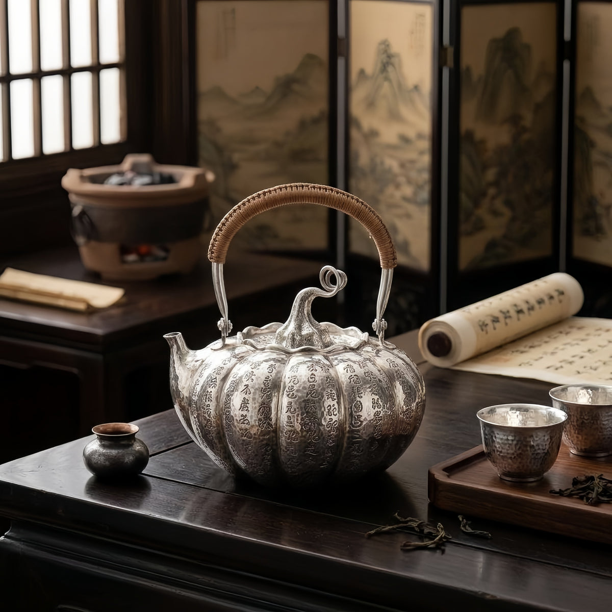 Pure 999 Fine Silver Hand-Hammered Silver Pumpkin Teapot with Calligraphy Inscriptions and Rattan Handle - Handicraft