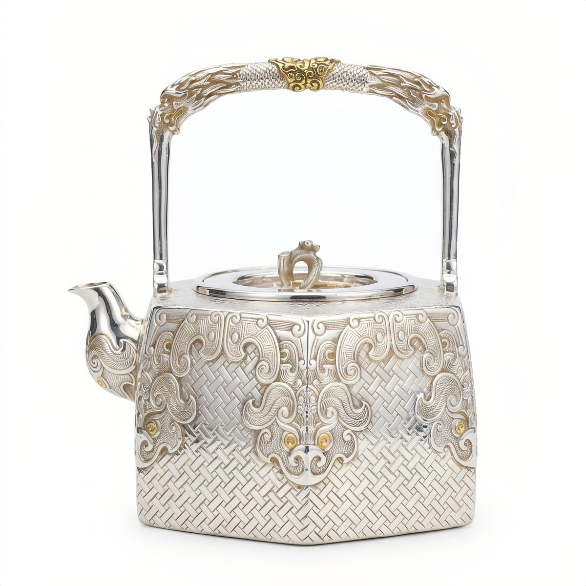 Pure 999 Fine Silver Ornate Handcrafted Silver Kettle with Intricate Basketweave and Mythical Motifs - Handicraft
