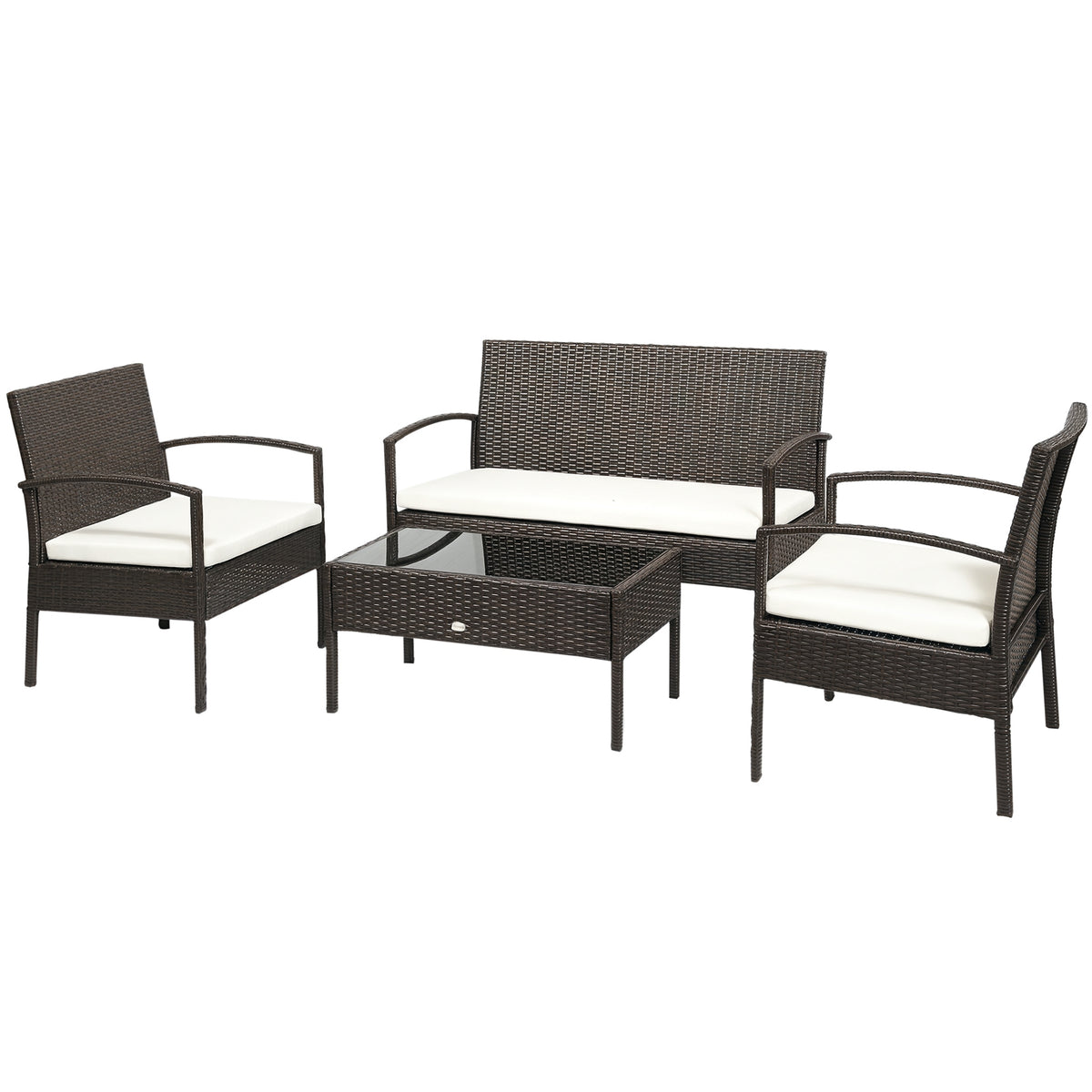 Patio Furniture Set, 4 Piece Indoor Outdoor PE Wicker Conversation Set with Chairs, Loveseat Sofa, Cushions, Glass Table for Backyard, Sunroom, Pool, Garden, Brown