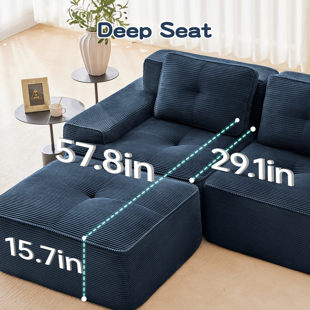 117 Modern Modular Sectional Sofa For Living Room, Corduroy Fabric,Oversized 3-Seater Couch With Deep Seat, Pearl-like Piping, Tufted Design,Buckle Connection,No Assembly,Anti-slip Design,Blue