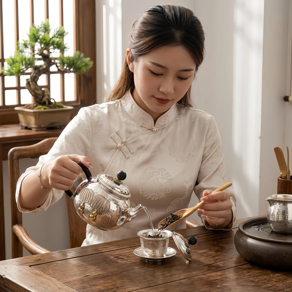 Pure 999 Fine Silver Exquisite Handcrafted Silver Teapot with Hammered Texture and Traditional Gourd Accents - Handicraft
