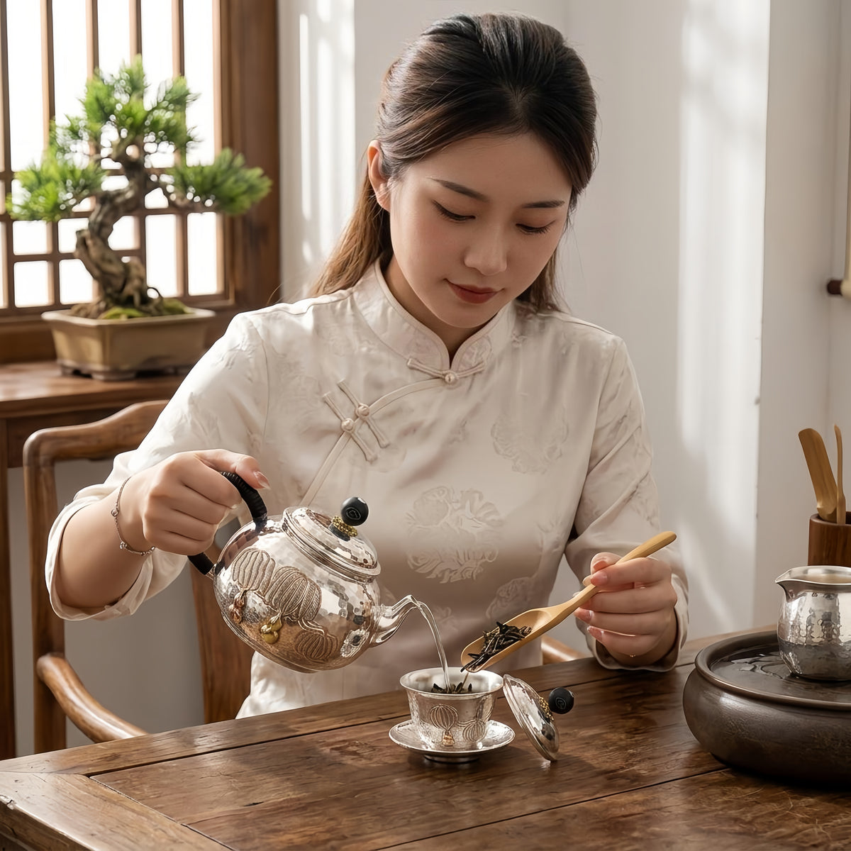 Pure 999 Fine Silver Exquisite Handcrafted Silver Teapot with Hammered Texture and Traditional Gourd Accents - Handicraft