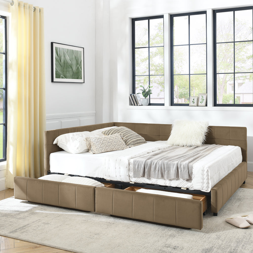 Queen Size Storage Upholstered Tufted Bed Frame, Sofa Bed Frame With Comfortable Backrest And Armrests, Queen Size Bed For Bedroom, Living Room,Velvet, BROWN 85.5x64.5x29.5