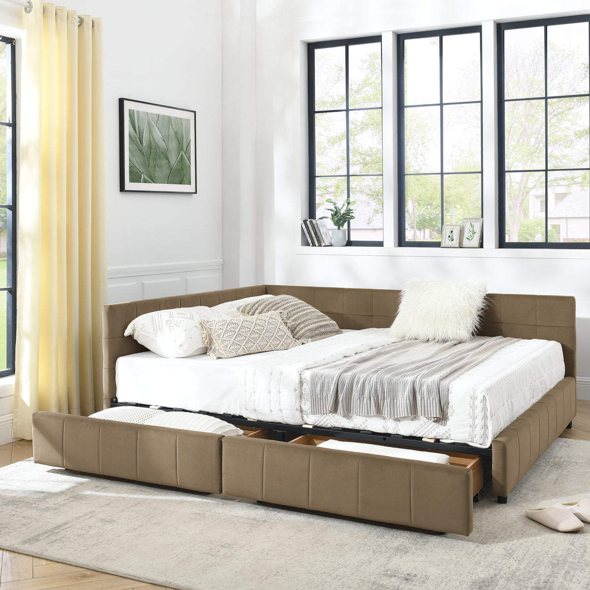Queen Size Storage Upholstered Tufted Bed Frame, Sofa Bed Frame With Comfortable Backrest And Armrests, Queen Size Bed For Bedroom, Living Room,Velvet, BROWN 85.5x64.5x29.5