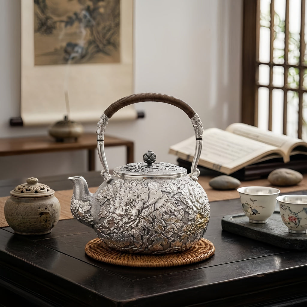 Pure 999 Fine Silver Handcrafted Silver Teapot with Intricate Floral Relief and Rattan-Wrapped Handle - Handicraft