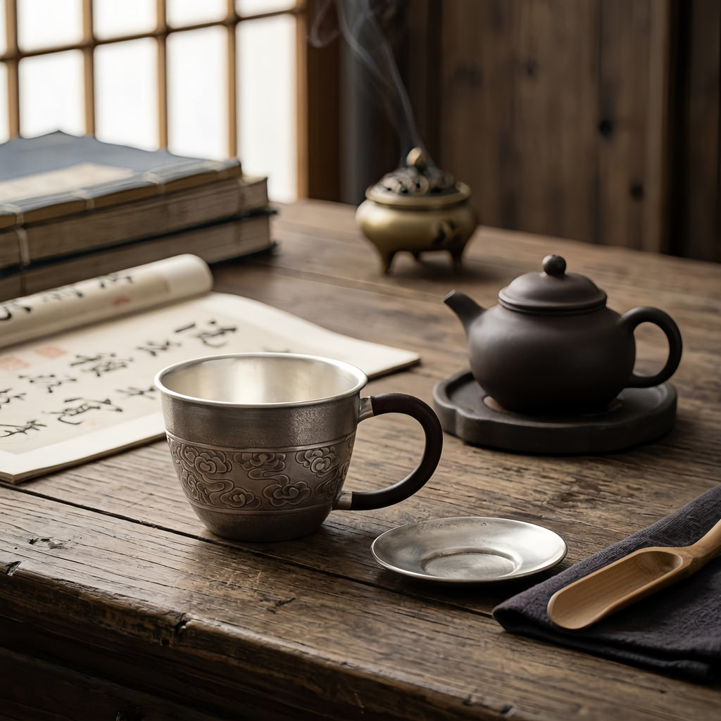 925 Sterling Silver Elegant  Cloud-patterned Cup with Wooden Handle-Premium Master Cup - Handicraft