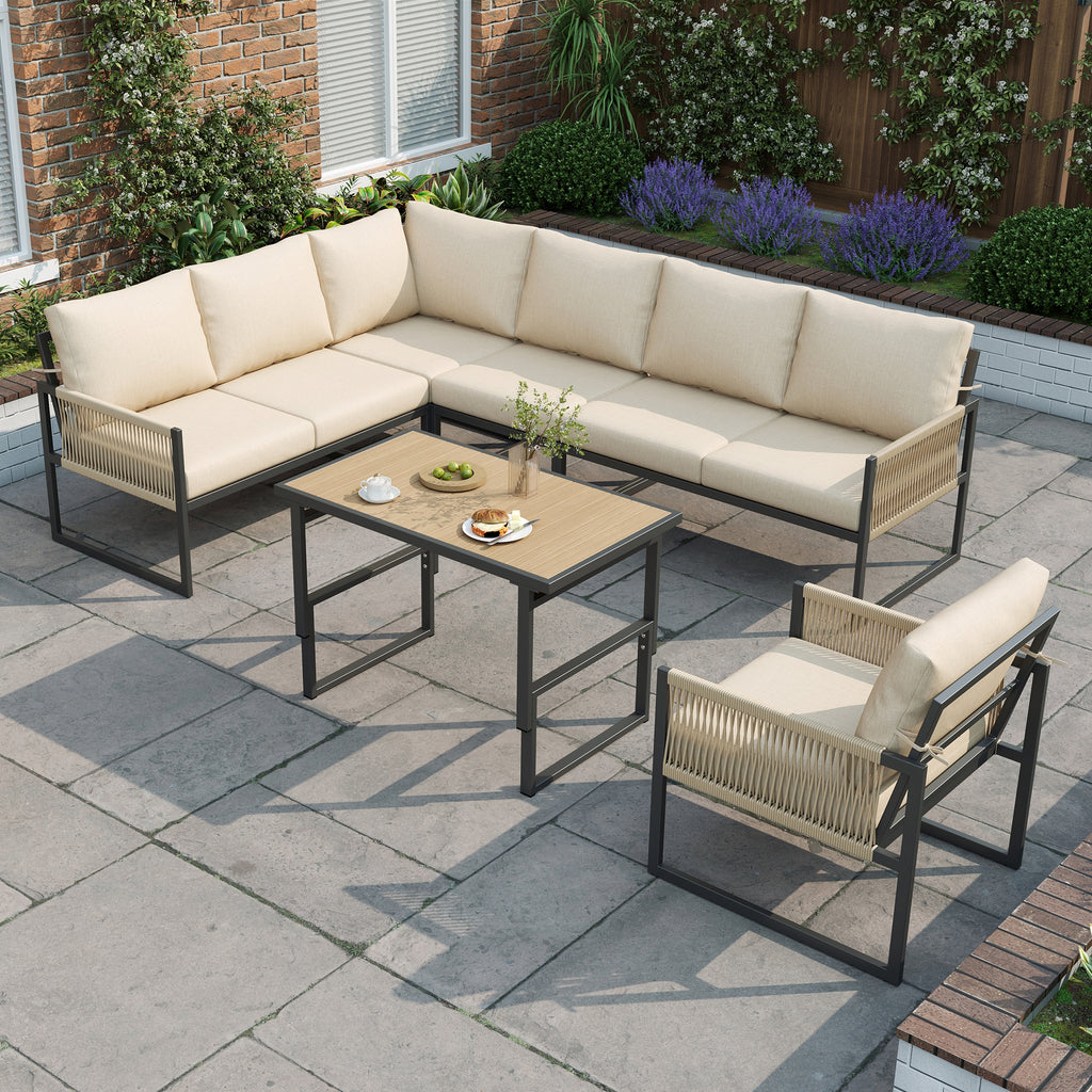 6-7 Seater Garden Furniture Set With Height Adjustable Rising Coffee Table, Corner Sofa With Polyester Rope, Weatherproof Outdoor Patio Dining Lounge Set For Balcony And Terrace, Beige