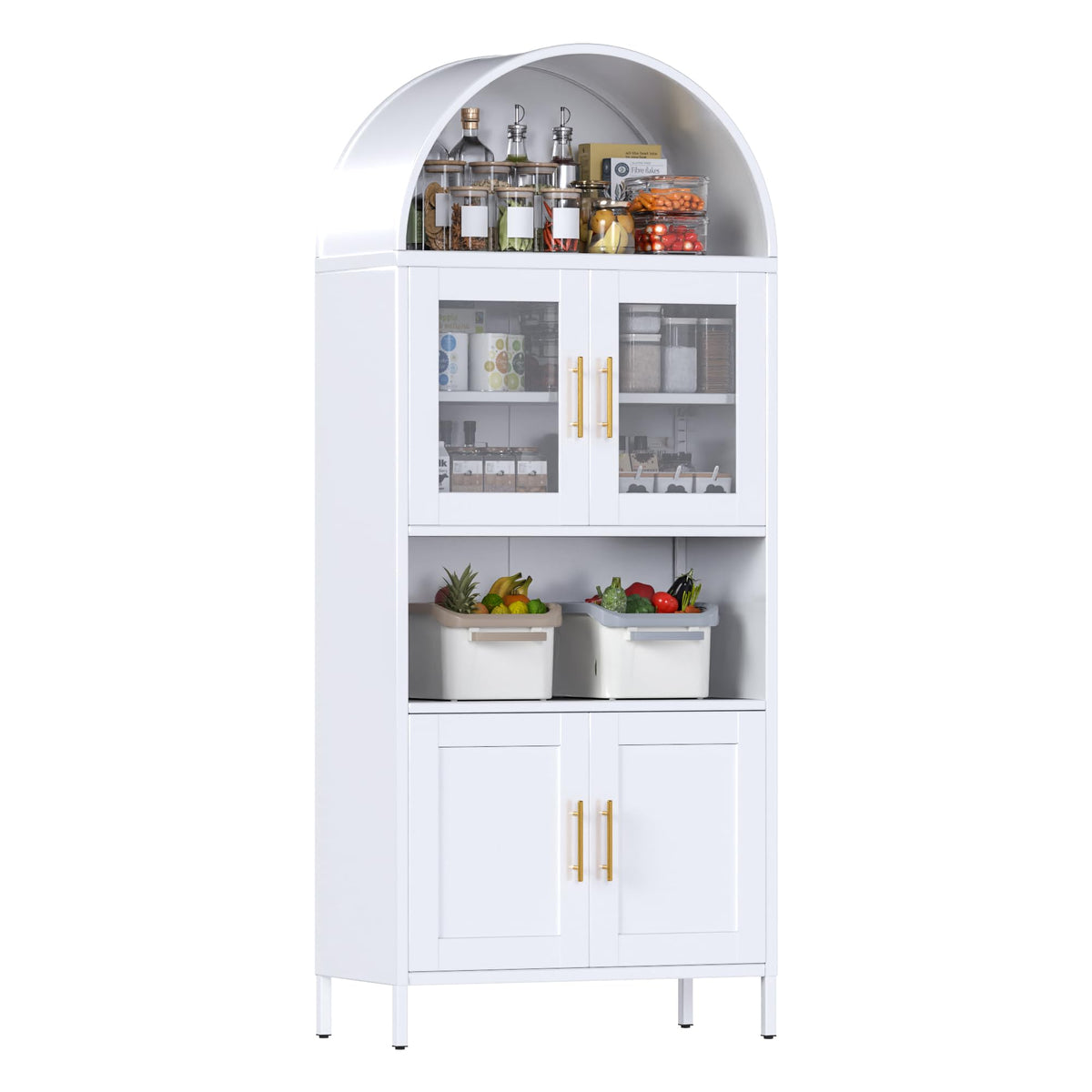 Metal Arched Cabinet,73'' Kitchen Pantry Storage Cabinet With Doors Shelves, White Arched Bookcase Display Bookshelf For Home Office Bar Living Room, Assemble Require