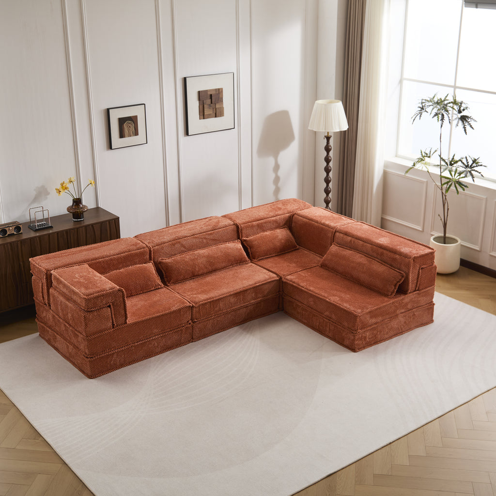 Compression Mahjong Sofa,Convertible Floor Sofa Bed,DIY Boneless Modular Sectional Sofa,No Assembly Required,Circle Fleece Fabric,Oversized 4 Seater With 4 Pillows,Orange