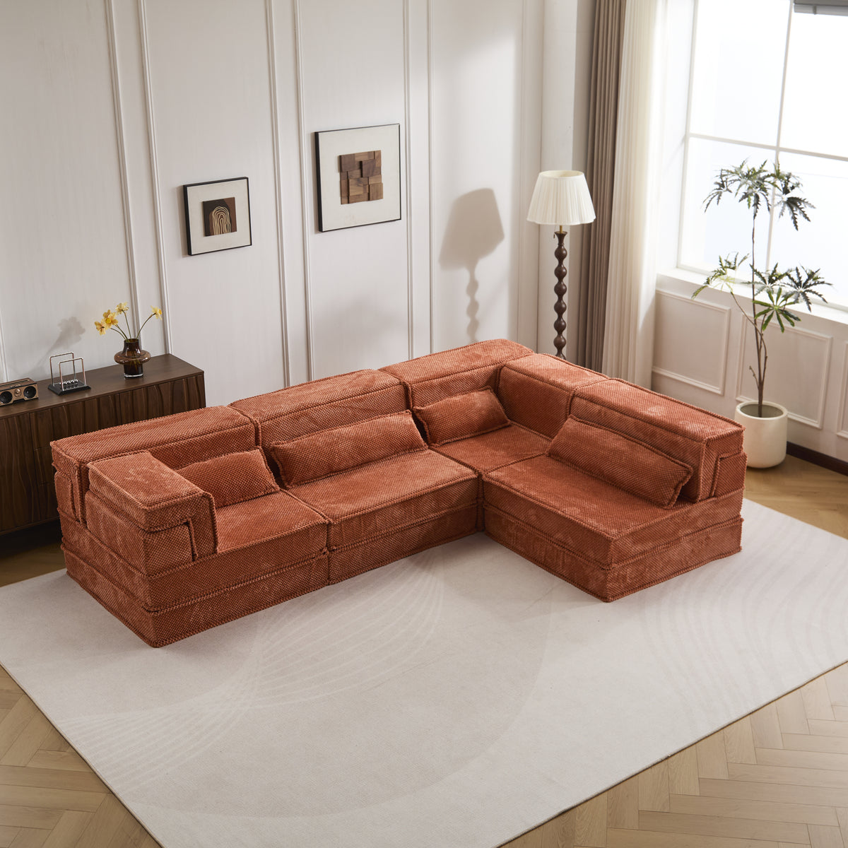 Compression Mahjong Sofa,Convertible Floor Sofa Bed,DIY Boneless Modular Sectional Sofa,No Assembly Required,Circle Fleece Fabric,Oversized 4 Seater With 4 Pillows,Orange