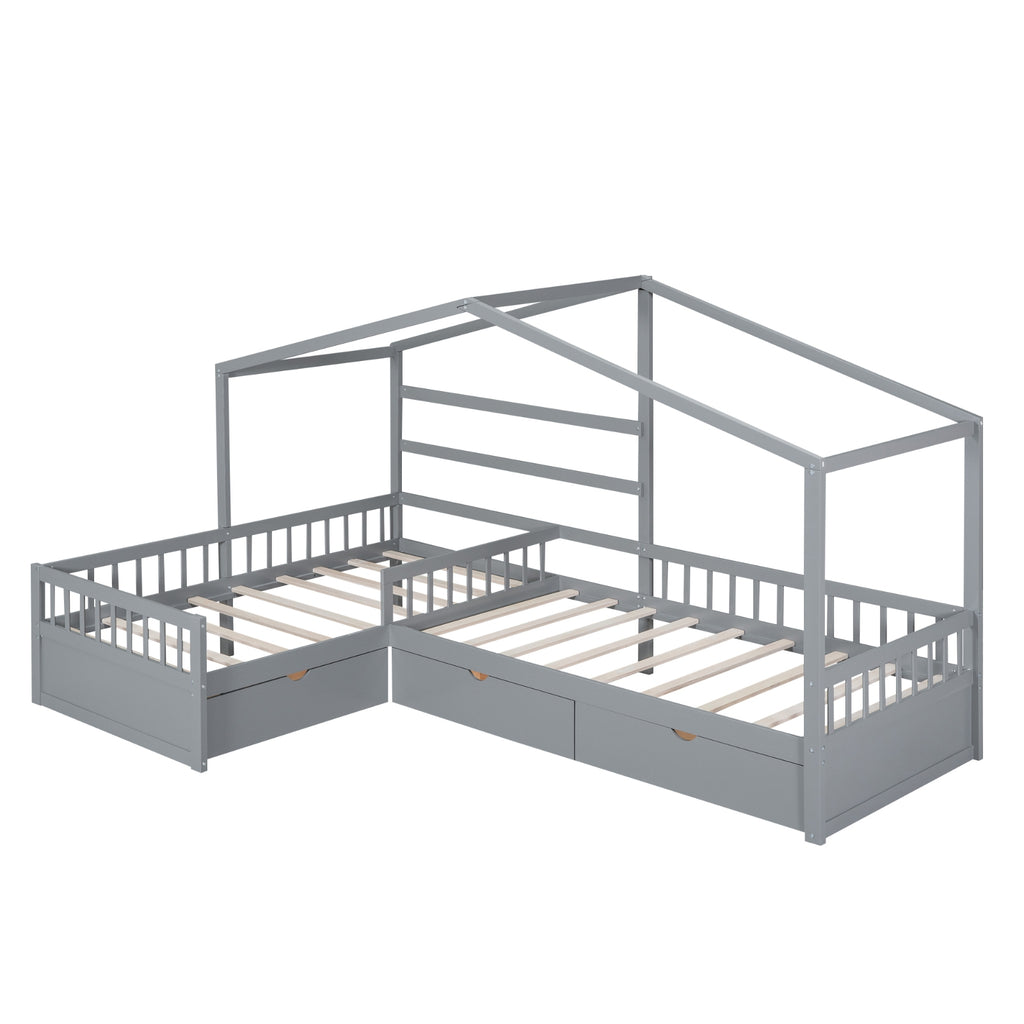 Twin Size House Platform Bed With Three Storage Drawers,Gray
