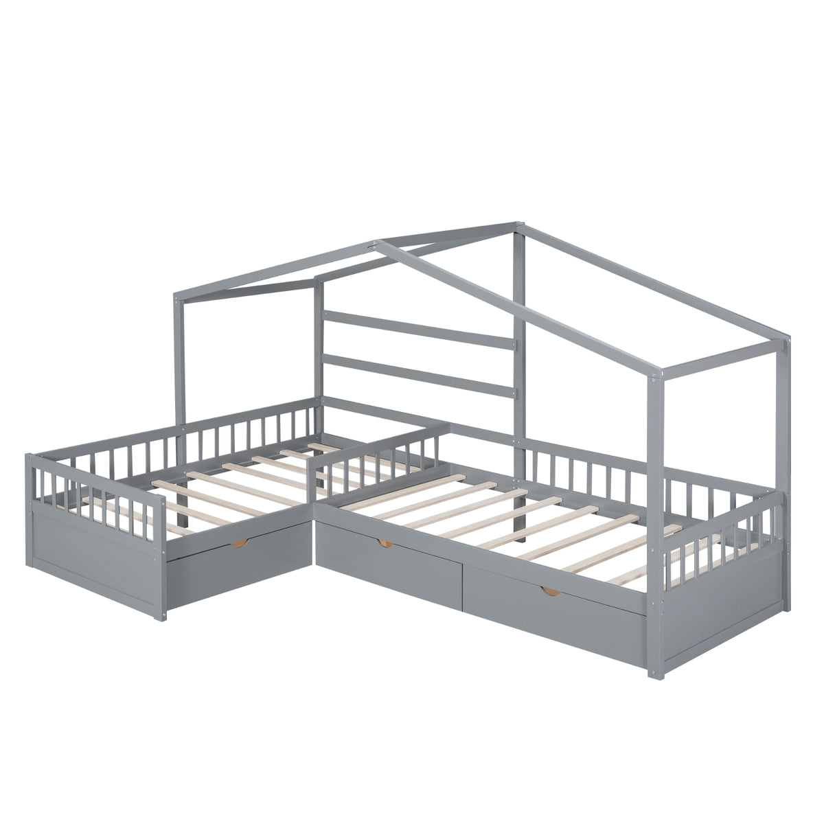 Twin Size House Platform Bed With Three Storage Drawers,Gray