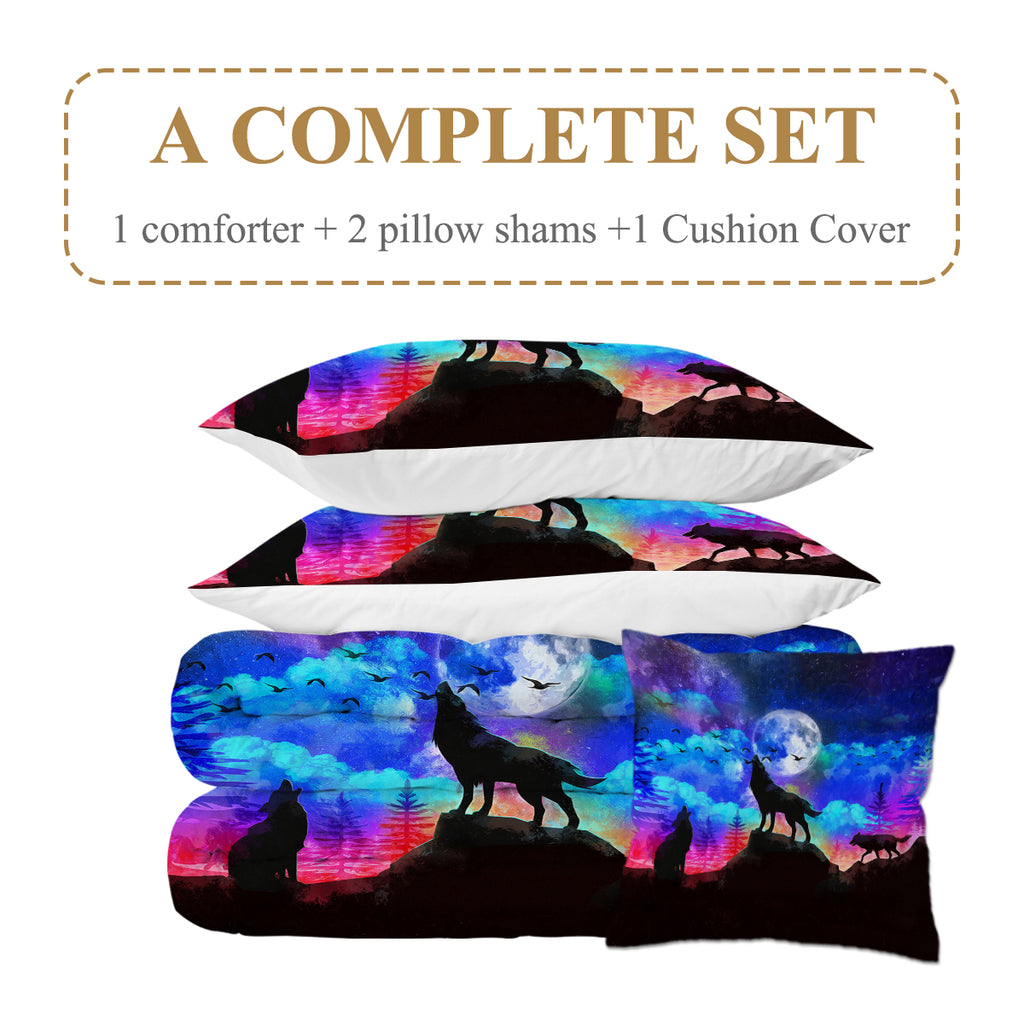 Galaxy Comforter Set Men 3D Wolf Bed Comforter Set 4 Piece Wolves Howling Bedding For Boys Retro Oil Painting Design Purple Blue And Black Bedding Set Queen King Size