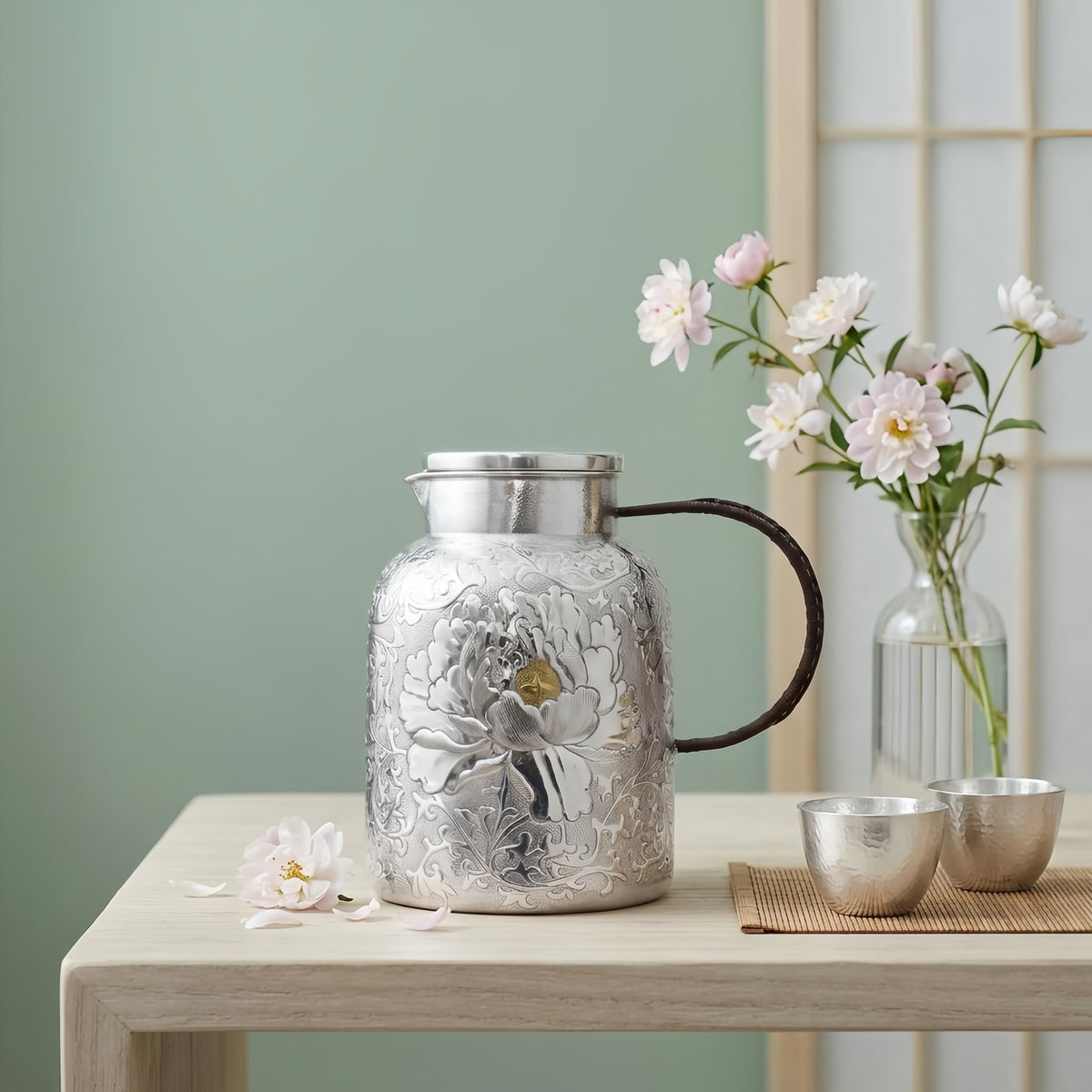 925 Sterling Silver Handcrafted Silver Pitcher Featuring Exquisite Peony Relief and Woven Handle - Handicraft