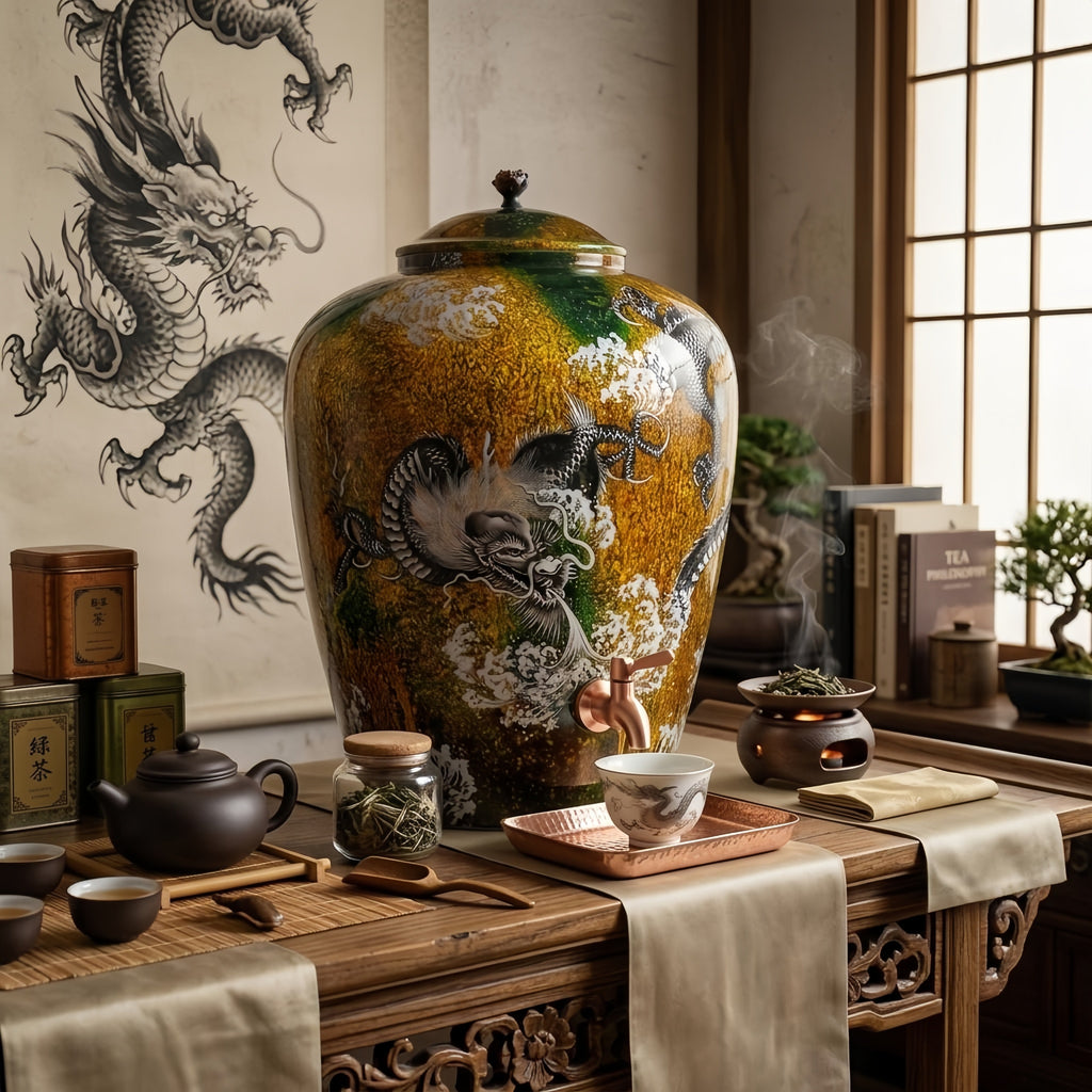 925 Sterling Silver Hand-Crafted Ceramic Dragon Beverage Jar with Polished Metallic Spigot and Decorative Lid - Handicraft