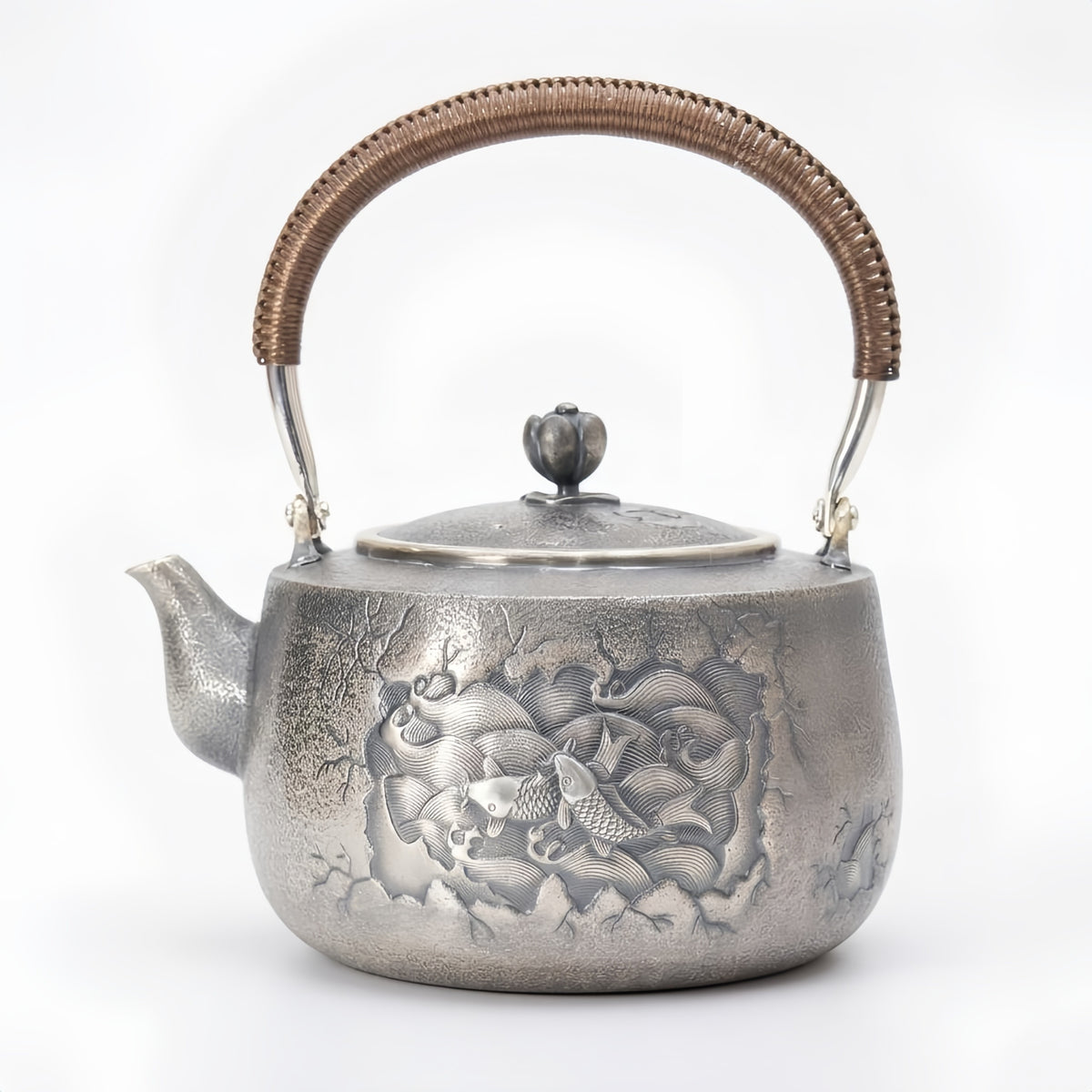 925 Sterling Silver Vintage Handcrafted Silver Teapot with Exquisite Koi Fish and Wave Relief Design - Handicraft