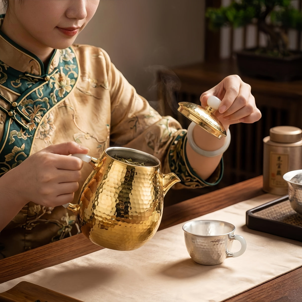 925 Sterling Silver Hammered Gilded Teapot with Elegant Milky White Handle and Finial - Handicraft