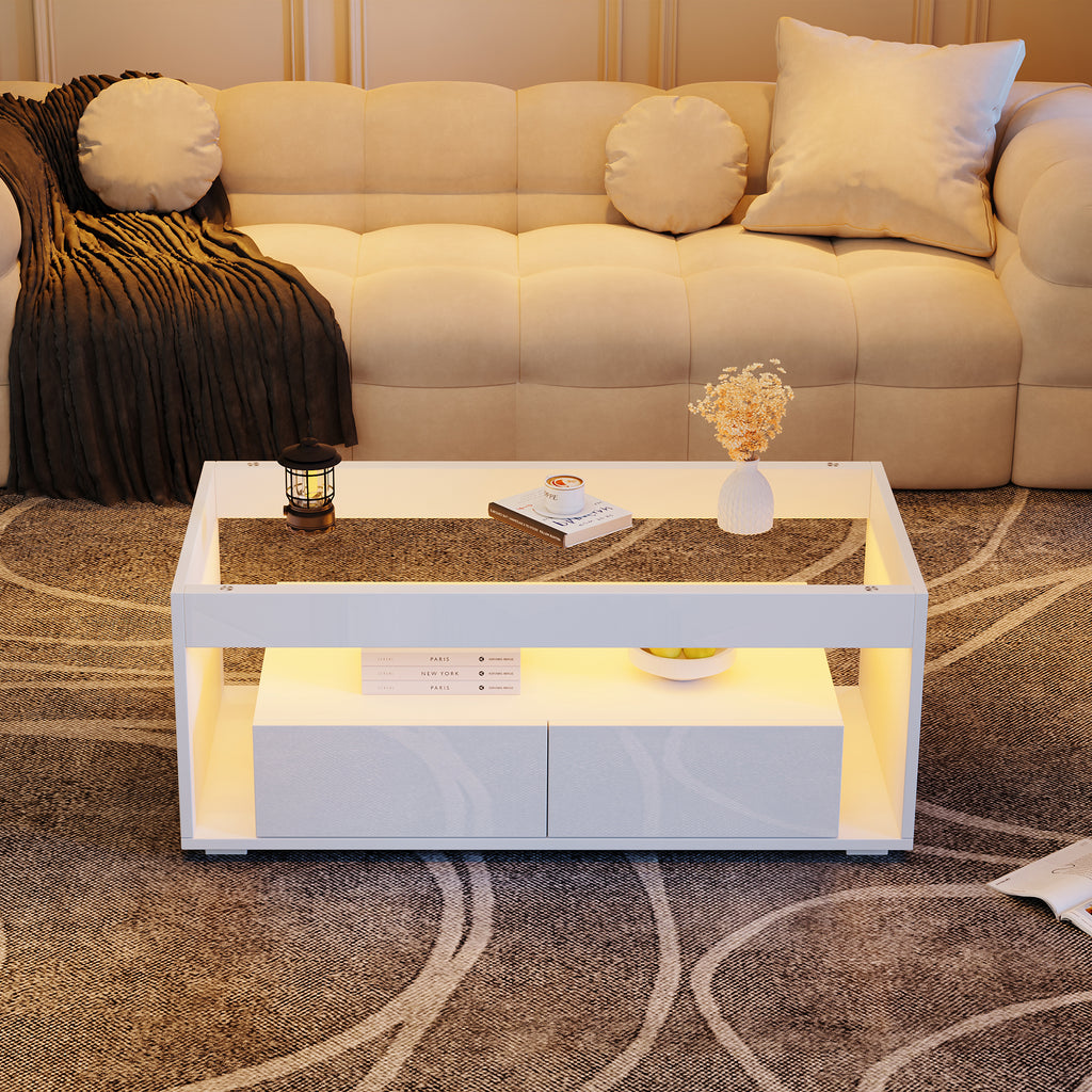 High Gloss Coffee Table With Open Storage, LED Lights, Centre Table With Glass Tabletop, Sofa Side Table With 2 Drawers, Coffee End Table With LED For Living Room, Office, 100X50X40cm, White