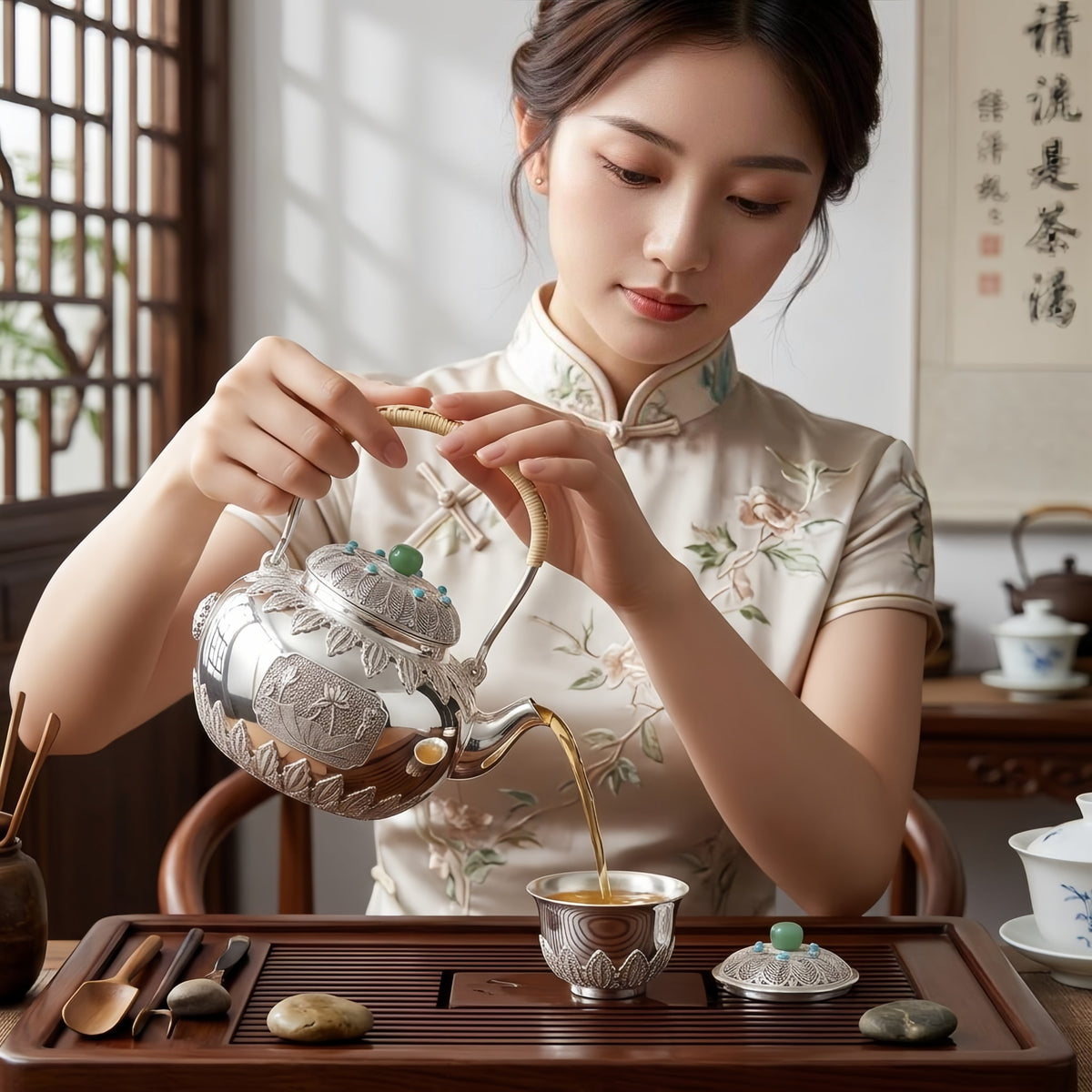 925 Sterling Silver Ornate Handcrafted Silver Teapot with Green Jade Finial and Intricate Filigree Details - Handicraft