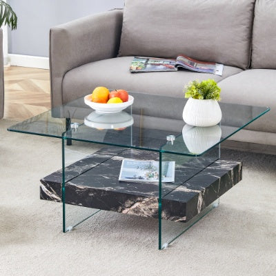 Modern Glass Coffee Table 2-Tier Square | Black Marble Design