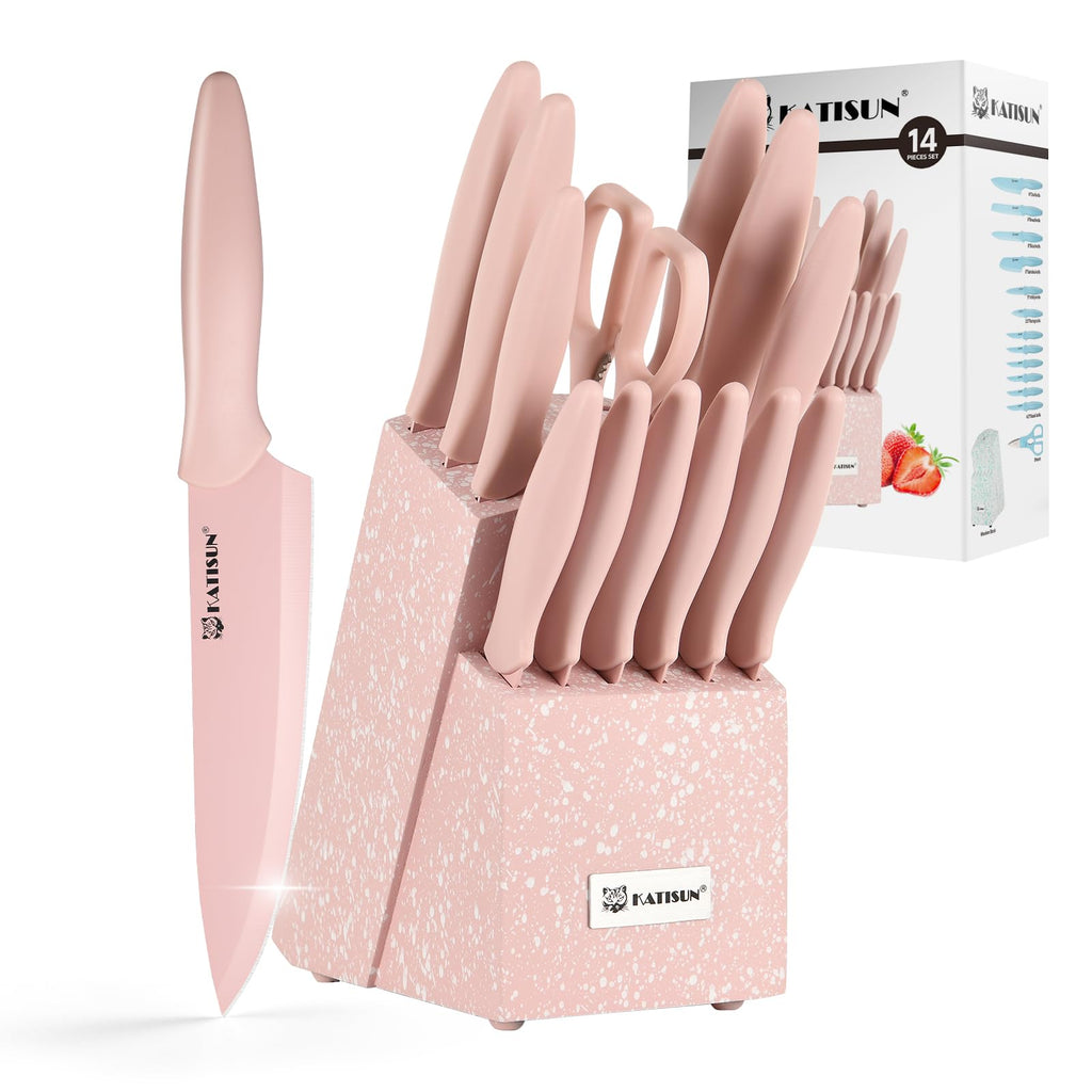 Kitchen Knife Set With Block, 14 Piece Pink Non-Stick Paint Coating Stainless Steel Knives Set, Anti-Rust And Dishwasher Safe, 12 Knives With Kitchen Shears And Block Pink
