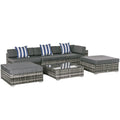 6 PC Rattan Sofa Coffee Table Set Sectional Wicker Weave Furniture For Garden Outdoor Conservatory W/ Pillow Cushion Grey