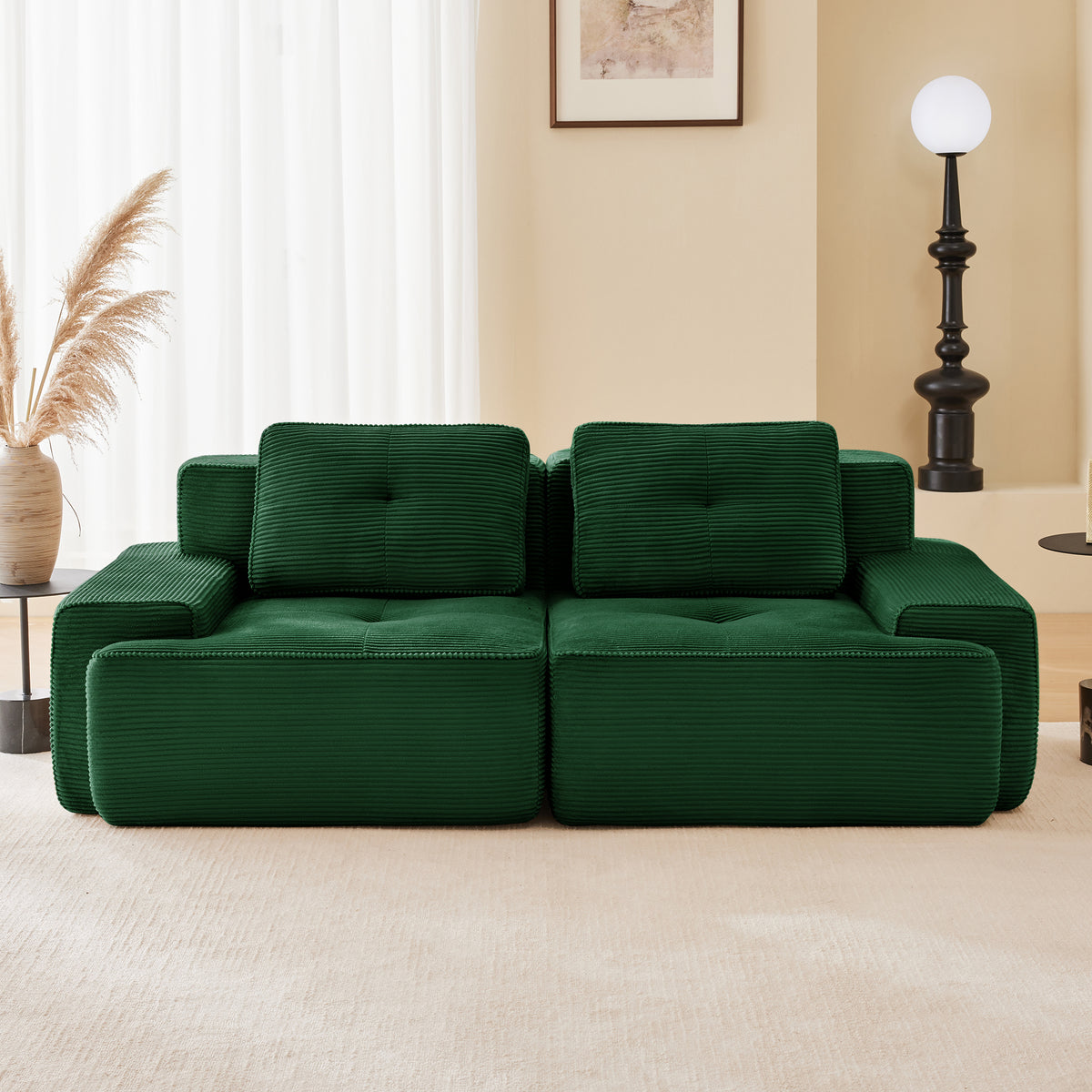 82 Modern L-Shaped Modular Sectional Sofa For Living Room, Corduroy Fabric, 2-Seater Couch With Deep Seat , Pearl-like Piping, Tufted Design, No Assembly, Anti-slip Design,Green