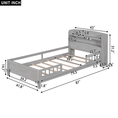 Wood Twin Size Platform Bed With Built-in LED Light, Storage Headboard And Guardrail, Antique Grey
