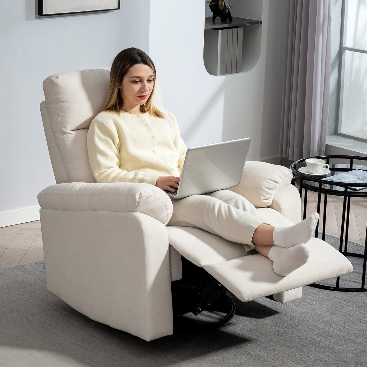 Recliner Chair, Wide Swivel Rocker Chair, Overstuffed Single Sofa With Pocket Spring, Footrest, Quick Assembly, Cream