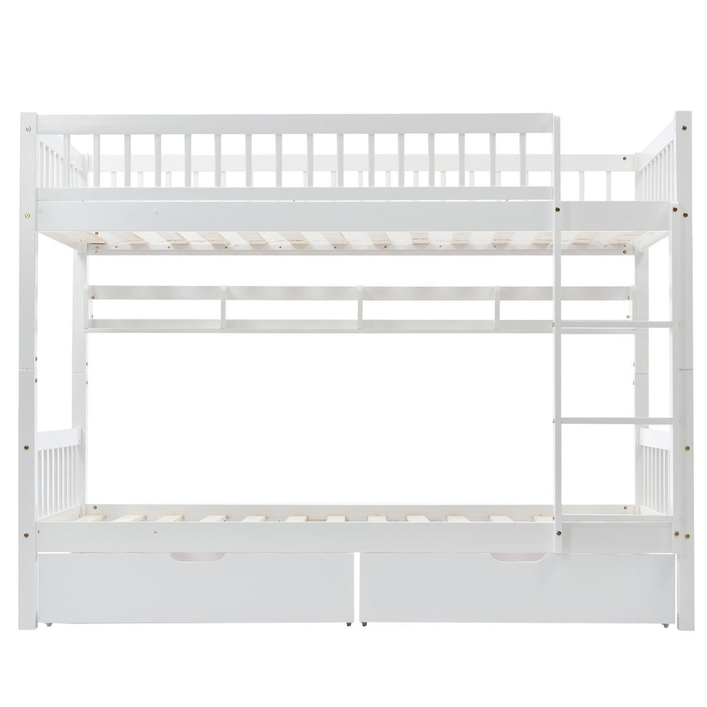 Bunk Bed, Kids Children, 3FT Solid Pine Wood Single Bed Frame & Under Bed Slide Drawer Storage, With Shelf, White 90x190cm