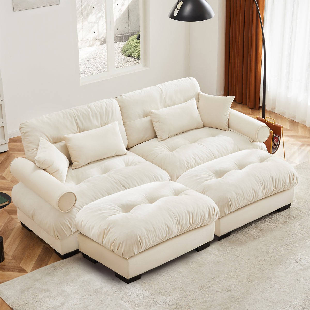 Over Size Modern Two-seater Sofa With Ottoman, Velvet 2-Seater With Round Bolster Armrests,With Waist Pillow And Throw Pillows,Reading Room , Loft And Bedroom,Cream