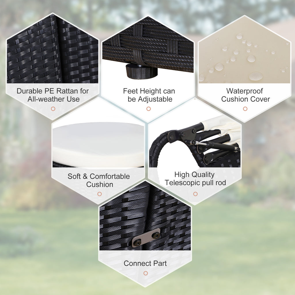 Five-Piece Rattan Garden Bed, With Canopy - Black/White