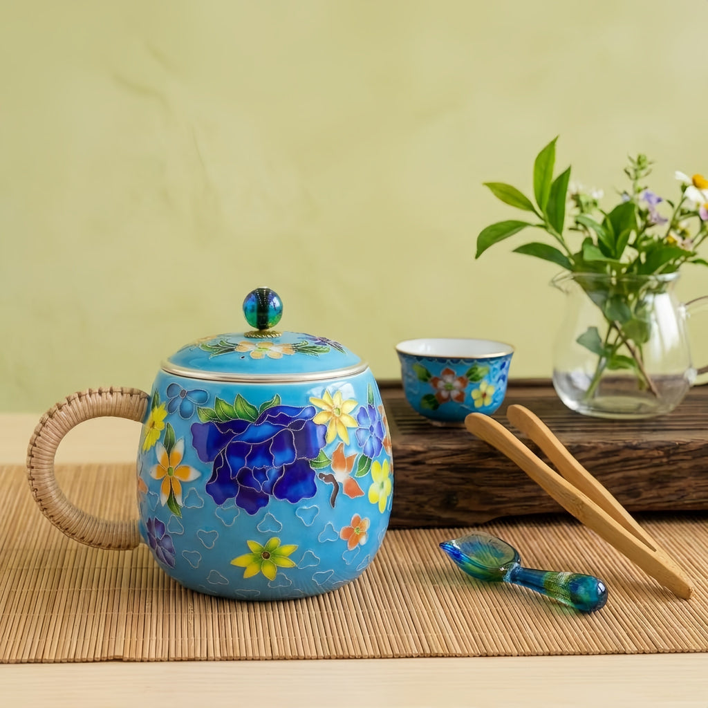925 Sterling Silver Vibrant Blue Cloisonné Style Floral Mug with Lid and Woven Wicker Handle - Handicraft