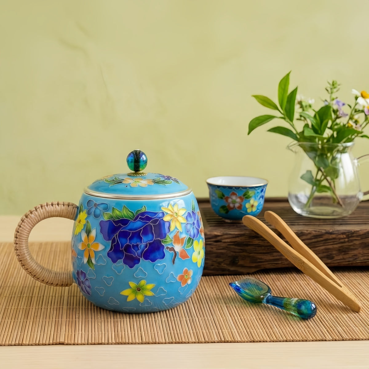 925 Sterling Silver Vibrant Blue Cloisonné Style Floral Mug with Lid and Woven Wicker Handle - Handicraft